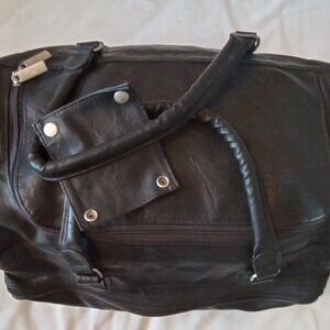 Concourse,  black leather duffel bag, carry on size.
